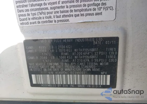 2011 Subaru Outback 3.6R Limited из США, поврежденный, VIN 4S4BRDKC1B2399002